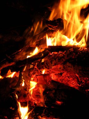 burning firewood in heat and ashes with a flame