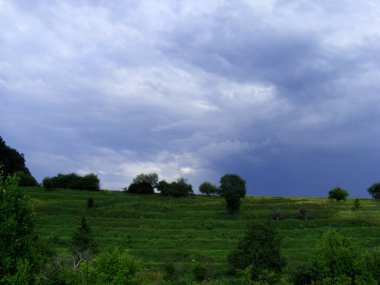 green hill, clouds and blue sky, Ukrainian nature