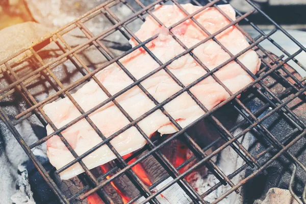 Barbecue Varkensvlees Toast Grill Varkensvlees Geroosterd Voor Het Koken Thais — Stockfoto