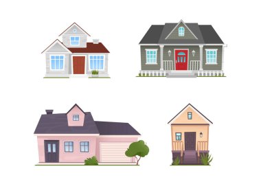 Evler ön manzara seti. Beyaz arka planda izole edilmiş. Çizgi film vektör illüstrasyonu