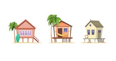 Plaj manzaralı yazlık evler. Beyaz arka planda izole edilmiş. Çizgi film vektör illüstrasyonu