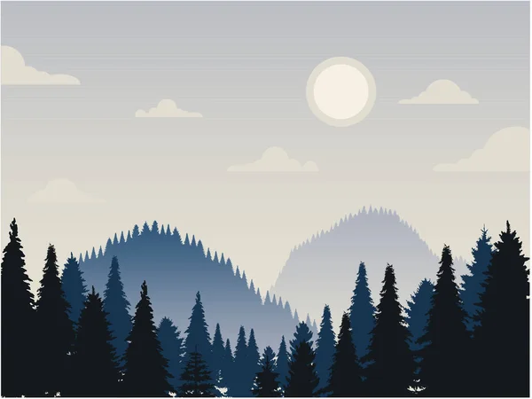 Flat Illustration Night Pine Forrest Mountain Landscape Background Vector Design — Stock Vector