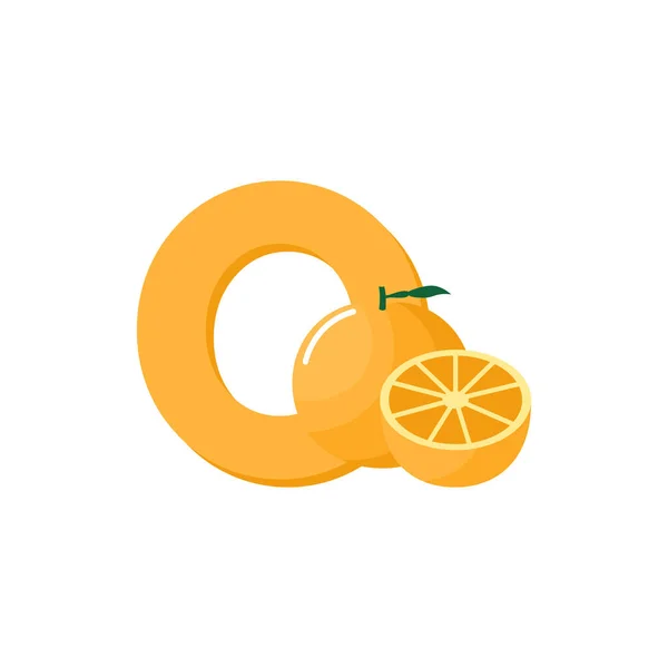 フルーツアルファベット オレンジの文字O キッズフラットベクトルイラスト教育 — ストックベクタ