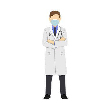 Kolları çaprazlanmış Düz Tasarım Vektörü İllüstrasyonu Doktor Ayakta Gösterimi.