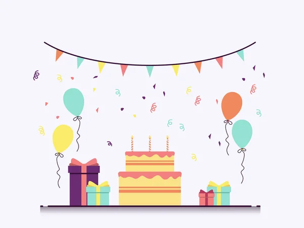 Verjaardagstaart Met Geschenkdoos Ballonnen Een Witte Achtergrond Flat Design Vector — Stockvector