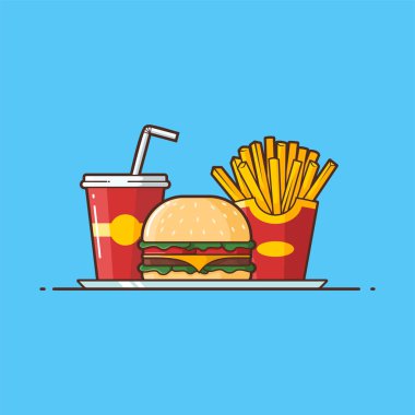 Burger ve Fransız Kızartması 'nın tasviri ile meşrubat menüsü, vektör çizgi film izole - Yiyecek ve içecek çizgi film stili.