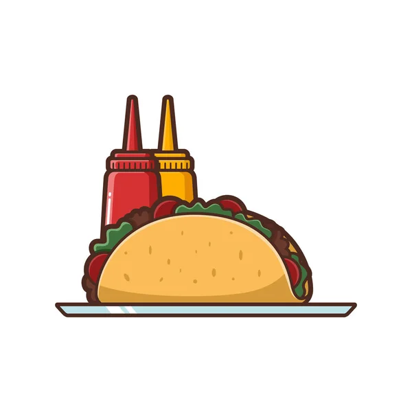 Taco Met Saus Mayonaise Menu Cartoon Illustration Vector Geïsoleerd Voeding — Stockvector