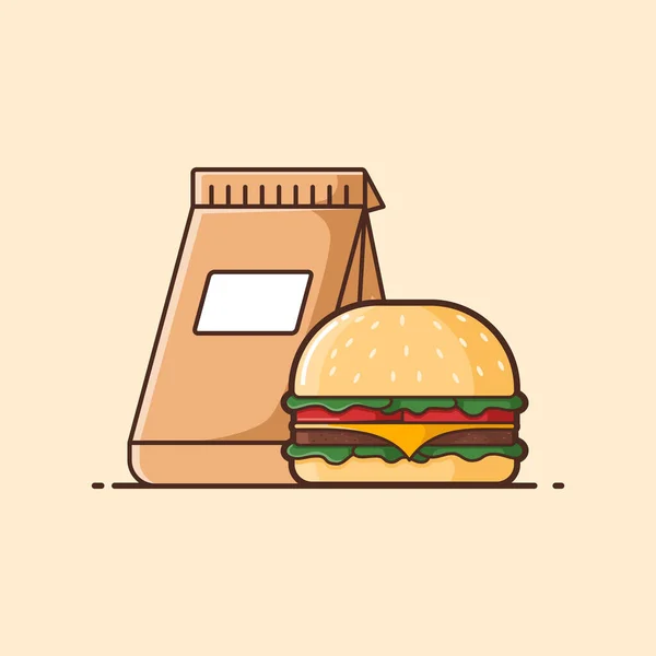 バーガーとペーパーバッグのイラスト 離れてメニューを取る 漫画は孤立 食品と飲み物 ベクターイラストデザイン — ストックベクタ