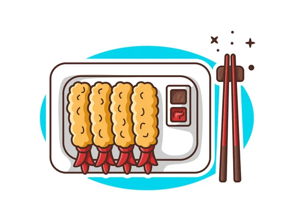 Gefrituurde Garnalen Met Soja Tomatensaus Een Plaat Vector Illustratie Cartoon — Stockvector