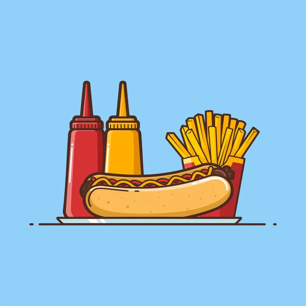 Illustratie Van Hotdog Frietjes Met Sausmenu Vector Cartoon Isolated Foods — Stockvector