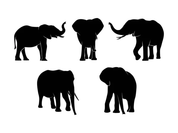 Set Elephants Silhouette Isolated White Background Vector Illustration —  Vetores de Stock