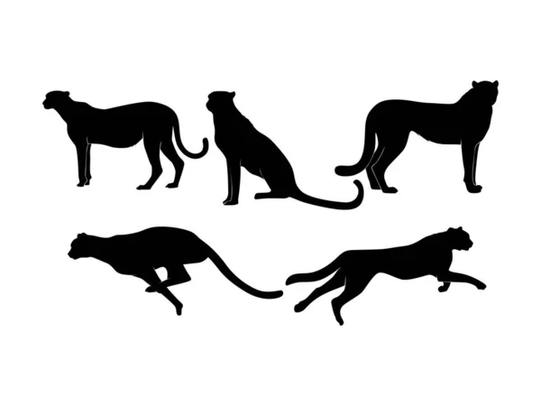 Set Cheetahs Silhouette Isolated White Background Vector Illustration — Vetor de Stock