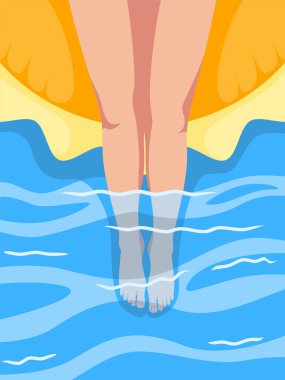 Yüzme havuzunda bir kızın ayaklarının düz tasarım çizimi. Arka planda bir can simidi var..