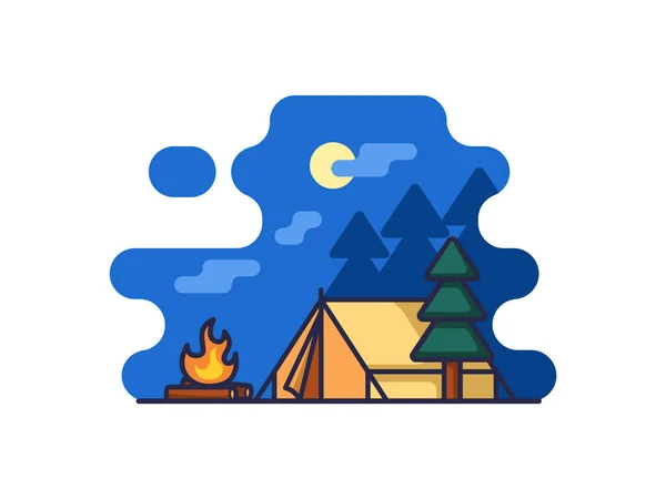 Kamp Sahnesini Çadır Şenlik Ateşiyle Tasvir Eden Vektör Görüntüsü Beyaz — Stok Vektör