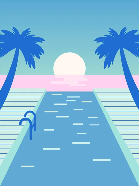 Vektor Illustration Einer Schwimmbadszene Mit Blick Auf Meer Und Ozean — Stockvektor