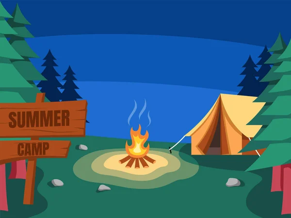 晚上在森林里有帐篷和篝火的营地的平面矢量图 — 图库矢量图片