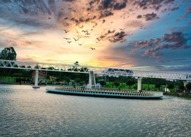 Çocuklar parkta tren kuyruğu ve gökyüzünde uçan kuşlar.