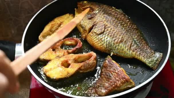 Seared Fish Cooked Pan Frying Slow Motion Fish Fry — Wideo stockowe