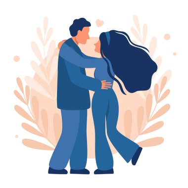 Sevgi dolu bir çift soyut bir arka planda sarılıyor. Çizim, tasarım, vektör