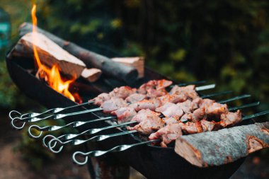 Metal bir şişte ızgarada bbq pişiriyorum. BBC 'de ızgara et. Dilimlenmiş taze etten yapılmış şiş kebap. Geleneksel oryantal yemek, bbq. Kömür ve alev ızgarası, piknik, sokak