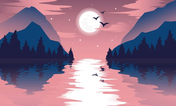 Full moon over a river, ocean or sea with a starry sky with clouds and light reflection on the surface of the water. Mountain landscape. Night landscape with lake, mountains and trees on coast. Vector