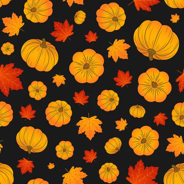 Abóboras Folhas Bordo Sem Costura Padrão Outono Queda Ilustração Vetorial — Vetor de Stock