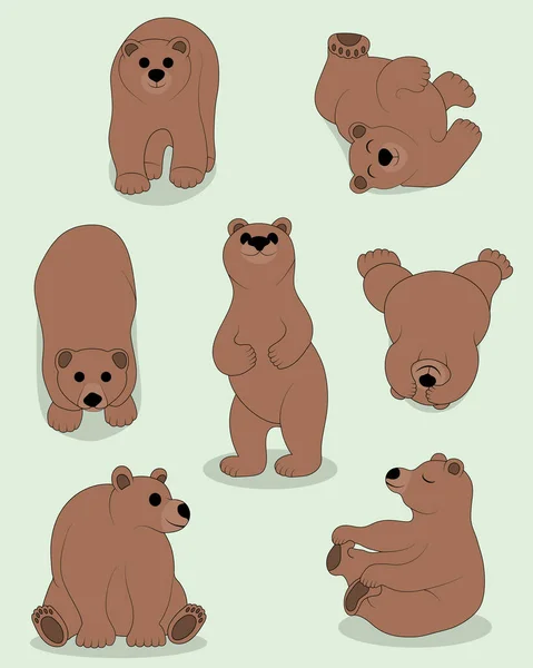 Cute Brown Bear Set Different Poses Lovely Funny Cartoon Animal — Stock Vector