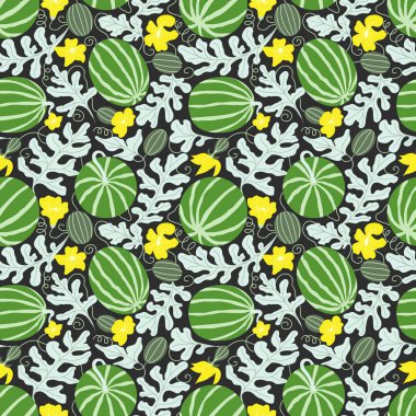 Kusursuz büyüyen karpuz deseni, yaprakları ve çiçekleri, koyu arkaplanda çizilmiş el.