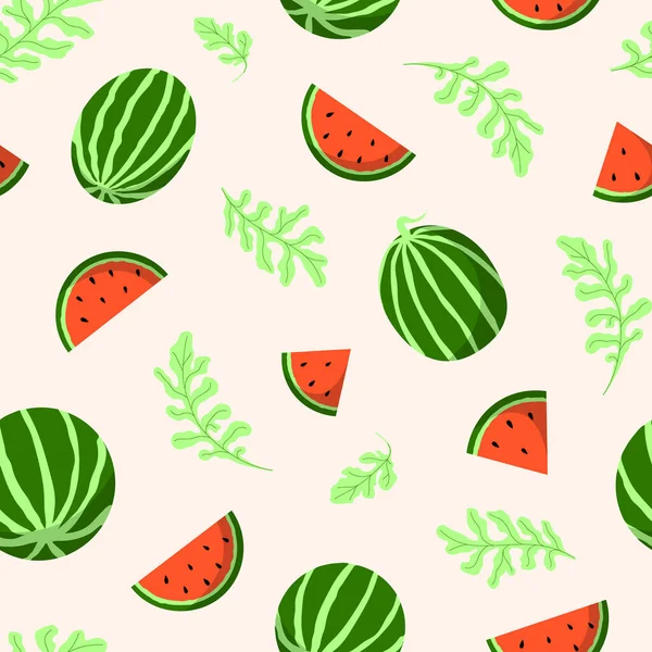 Watermelon Fruit Bright Red Slices Green Leaves Seamless Pattern Fresh — Stock vektor