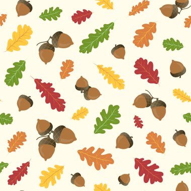 Meşe palamudu ve meşe yaprakları pürüzsüz bir desen bırakır. Yeşil, turuncu, sarı ve kırmızı yapraklı renkli sonbahar mevsimi