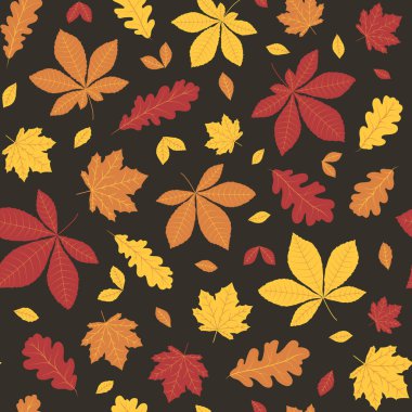 Kusursuz akçaağaç, meşe ve kestane yaprakları koyu arkaplanda. Renkli sonbahar sezonu, Eylül, Ekim, Kasım ayı duvar kağıdı