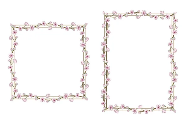 Cute Set Floral Square Rectangular Frames Blooming Sakura Pink Flowers — Stock Vector