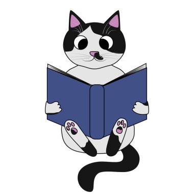 Siyah beyaz kedi kitabı okuyan şirin bir çizgi film. Düz stil kedi yavrusu karakteri, beyaz arkaplanda izole