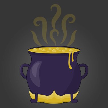 İçinde sihirli turuncu iksir olan mor cadı kazanı. Cadılar Bayramı gecesi. Düz stil çizgi film çizimi, izole.