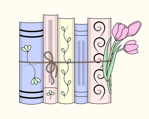 Set Five Cute Standing Books Tied Rope Three Pink Tulip — Stock Vector