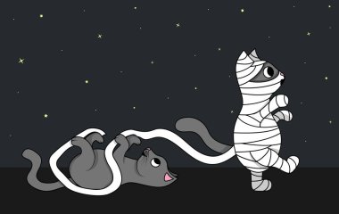 Cadılar Bayramı gecesi mumya gibi giyinmiş şirin gri kedi. Diğer kedi yavrusu kostümden çıkan bandajla oynuyor. Komik düz vektör illüstrasyonu.