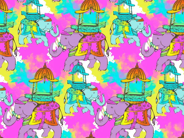 Modèle Sans Couture Style Indien Éléphants Sur Fond Multicolore — Image vectorielle