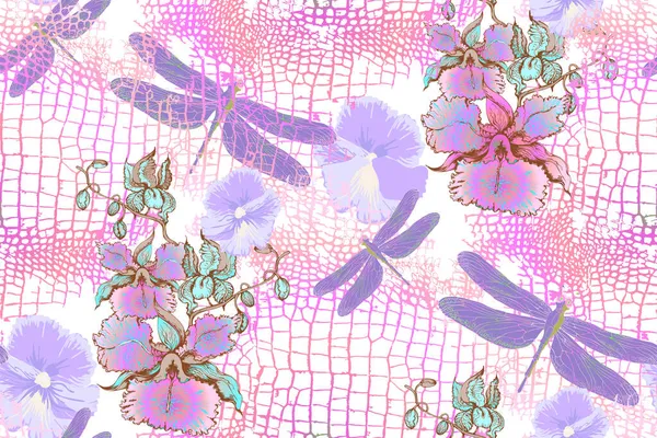 Seamless Pattern Flowers Butterflies Dragonflies Pink Background — Stock Photo, Image