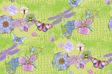 Kusursuz desen. Çiçekler, kelebekler ve yusufçuklar. Yeşil arkaplan