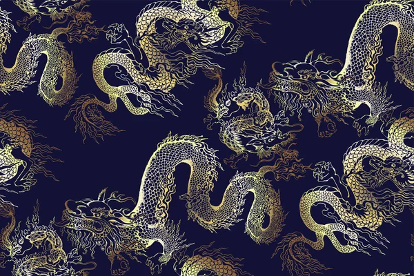 Naadloos Patroon Aziatische Draak Blauw Goud Kleuren — Stockvector