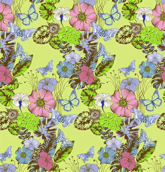 Фантастические Цветы Бабочки Бесшовный Рисунок — стоковый вектор