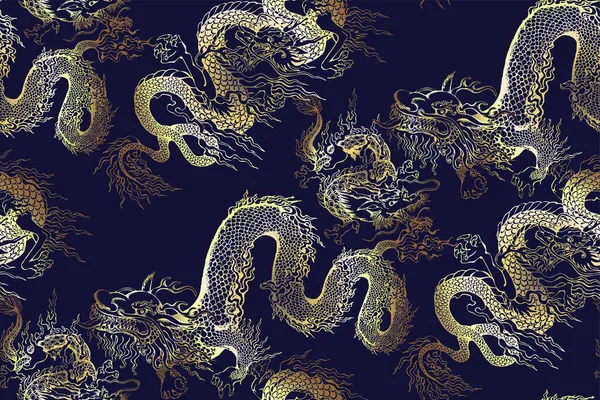 Patrón Sin Costuras Dragón Asiático Colorear Azul Oro — Archivo Imágenes Vectoriales