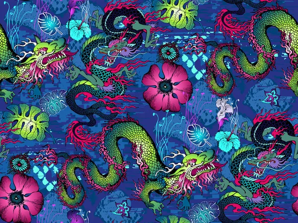 Nahtloses Muster Asiatische Drachen Und Blumen Blaue Farbe — Stockvektor