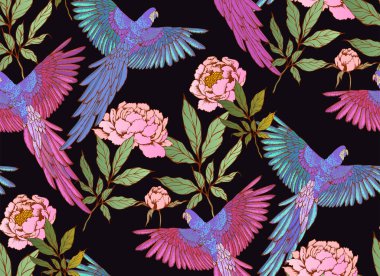 Kusursuz desen. Çiçekler ve papağanlar. Kumaş, duvar resmi, duvar kağıdı, ambalaj kağıdı ve benzeri şeyler için uygun.