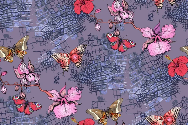 Бесшовный Шаблон Цветы Бабочки Крокодиловая Кожа Аромат Сирени — стоковый вектор