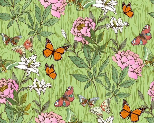 Patrón Sin Costuras Flores Mariposas Textura Madera — Archivo Imágenes Vectoriales