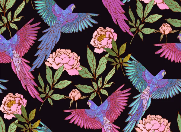 Απρόσκοπτο Μοτίβο Λουλούδια Και Παπαγάλοι Κατάλληλο Για Ύφασμα Τοιχογραφία Ταπετσαρίες — Διανυσματικό Αρχείο