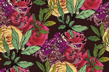  Çiçekler ve yapraklar koyu kırmızı arka planda. Kusursuz desen. Vektör çizimi. Kumaş, duvar resmi, ambalaj kağıdı ve benzeri şeyler için uygun.