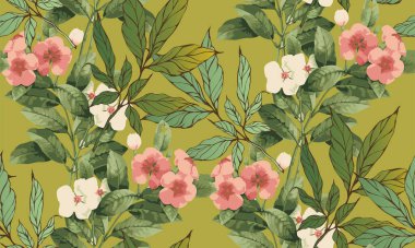 Yeşil arka planda pembe çiçekler. Kusursuz desen. Vektör çizimi. Kumaş, duvar resmi, ambalaj kağıdı ve benzeri şeyler için uygun.