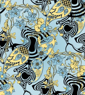 Kusursuz soyut desen. Çiçekler ve satranç kafesi. Yeşil ve sarı.